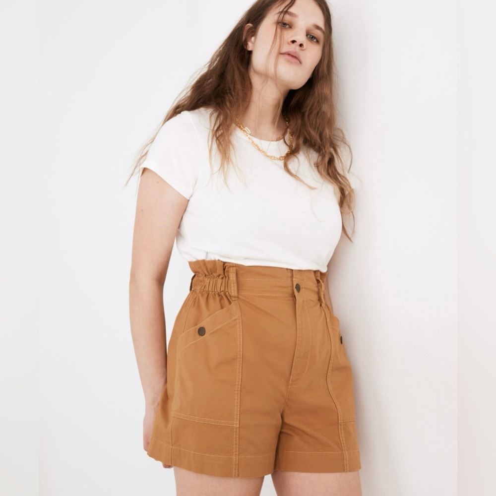 Madewell High Rise Paperbag Utility Shorts Snap Pockets in Toffee Size Medium